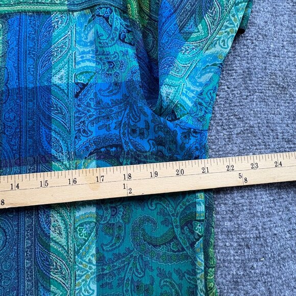 Liz Claiborne Top Womens L Green Blue Paisley Popover Blouse Sheer Silver Button - Picture 9 of 13